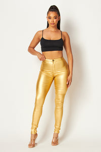 Super High Waisted Faux Leather Stretchy Skinny Jeans - Metallic Gold