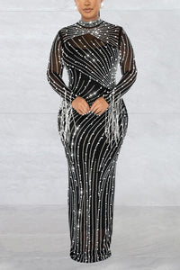 BJN GALA MESH RHINESTONES MAXI DRESS - BLACK