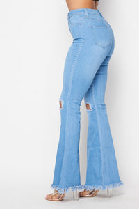 Super High Waisted Slit Distressed Bell Bottoms - Light Denim - SohoGirl.com