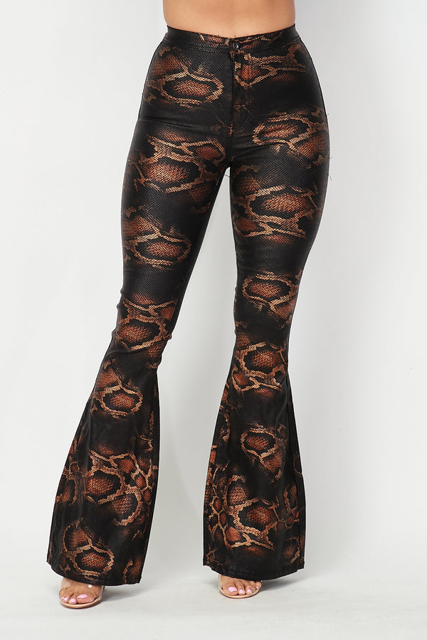 High Waisted Stretchy Bell Bottom Jeans - Snake Print