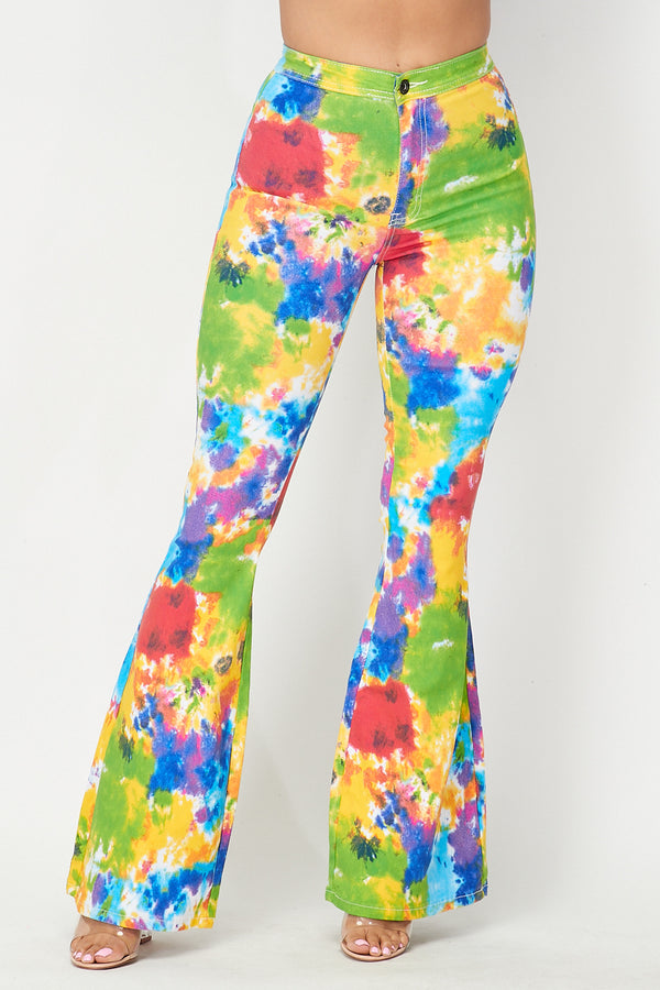 Super High Waisted Stretchy Bell Bottoms - Yellow Green Tie Dye