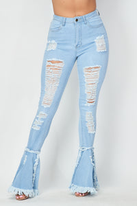 Super High Waisted Distressed Flare Jeans - Light Denim - SohoGirl.com