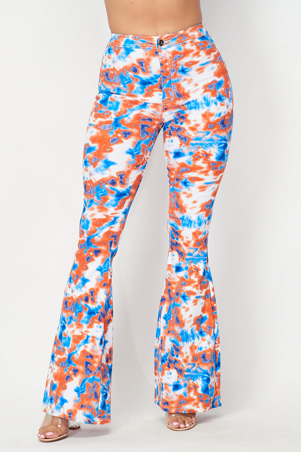 Super High Waisted Stretchy Bell Bottoms - Orange Blue Tie Dye