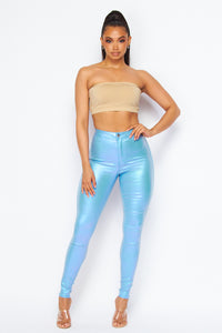 Super High Waisted Faux Leather Stretchy Skinny Jeans - Metallic Lilac - SohoGirl.com