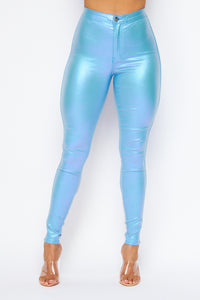 Super High Waisted Faux Leather Stretchy Skinny Jeans - Metallic Lilac - SohoGirl.com