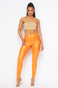 Super High Waisted Faux Leather Stretchy Skinny Jeans- Metallic Orange - SohoGirl.com
