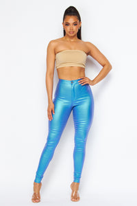 Super High Waisted Faux Leather Stretchy Skinny Jeans - Metallic Sky Blue - SohoGirl.com