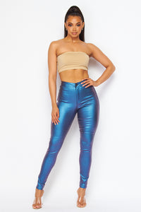 Super High Waisted Faux Leather Stretchy Skinny Jeans - Metallic Blue - SohoGirl.com