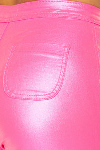 Super High Waisted Faux Leather Stretchy Skinny Jeans - Metallic Pink - SohoGirl.com