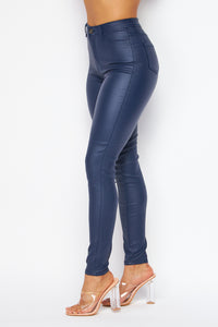Super High Waisted Faux Leather Stretchy Skinny Jeans - Navy Blue - SohoGirl.com