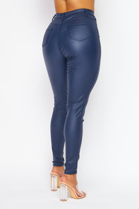 Super High Waisted Faux Leather Stretchy Skinny Jeans - Navy Blue - SohoGirl.com