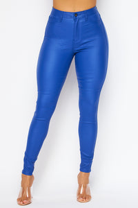 Super High Waisted Faux Leather Stretchy Skinny Jeans - Royal Blue - SohoGirl.com