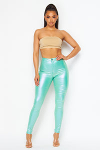 Super High Waisted Faux Leather Stretchy Skinny Jeans - Metallic Mint - SohoGirl.com