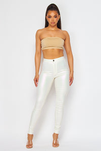 Super High Waisted Faux Leather Stretchy Skinny Jeans - Metallic Pearl - SohoGirl.com