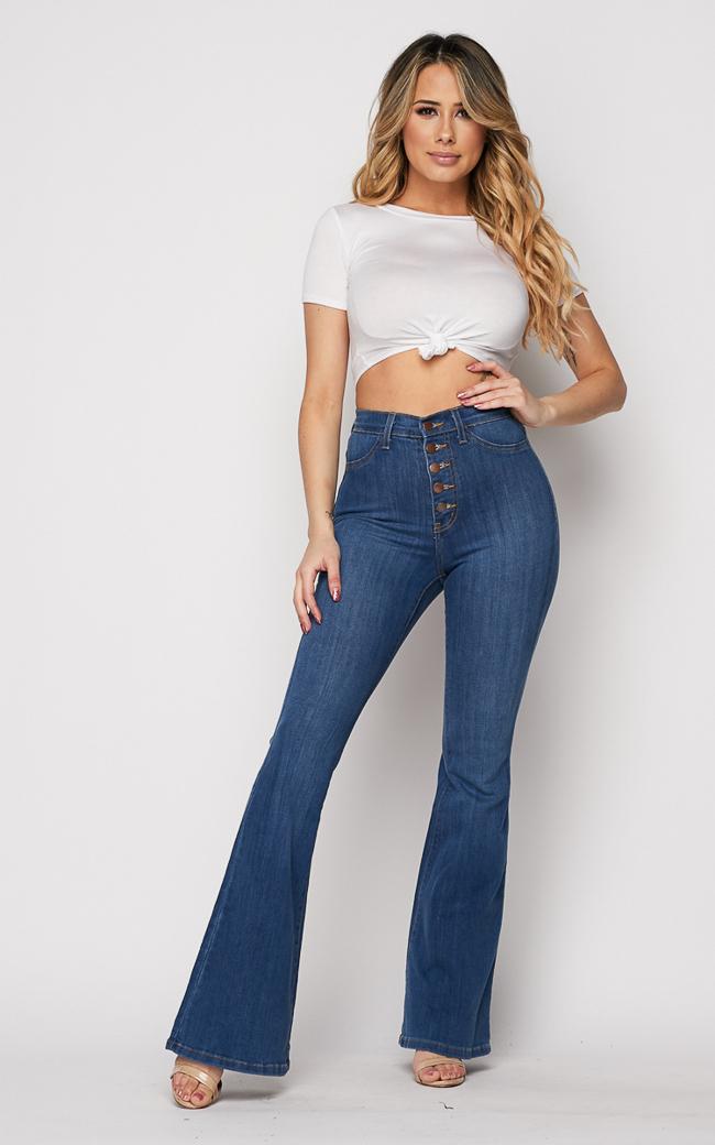 Vibrant Five Button Bell Bottom Jeans - Medium Wash