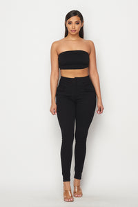 4 Button Super High Waisted Denim Skinny Jeans - Black - SohoGirl.com