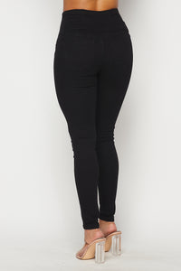 4 Button Super High Waisted Denim Skinny Jeans - Black - SohoGirl.com