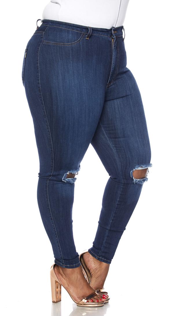 Plus Size Ripped Knee Super High Waisted Skinny Jeans Dark Blue 4753