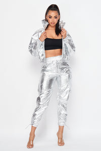 Metallic Pullover Tracksuit Pants Set - Silver - SohoGirl.com