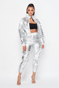 Metallic Pullover Tracksuit Pants Set - Silver - SohoGirl.com
