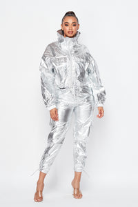 Metallic Pullover Tracksuit Pants Set - Silver - SohoGirl.com