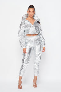 Metallic Pullover Tracksuit Pants Set - Silver - SohoGirl.com