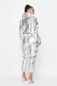 Metallic Pullover Tracksuit Pants Set - Silver - SohoGirl.com
