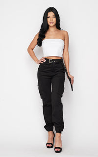 Belted High Waist Cargo Jogger Pants - Black - SohoGirl.com