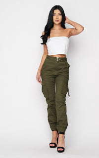 Belted High Waist Cargo Jogger Pants - Olive - SohoGirl.com