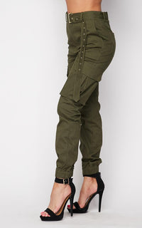 Belted High Waist Cargo Jogger Pants - Olive - SohoGirl.com