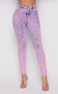 Acid Wash Slightly Ripped Stretchy Skinny Jeans - Lavender - SohoGirl.com