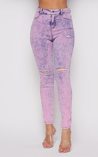 Acid Wash Slightly Ripped Stretchy Skinny Jeans - Lavender - SohoGirl.com
