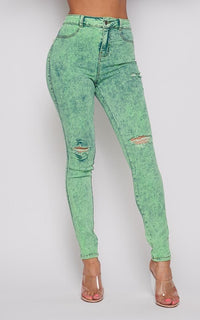 Acid Wash Slightly Ripped Stretchy Skinny Jeans - Green - SohoGirl.com