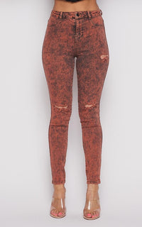 Acid Wash Slightly Ripped Stretchy Skinny Jeans - Orange - SohoGirl.com