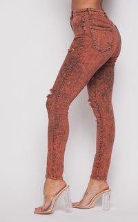 Acid Wash Slightly Ripped Stretchy Skinny Jeans - Orange - SohoGirl.com