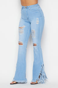 High Waisted Super Distressed Bell Bottom Jeans - Light Denim - SohoGirl.com
