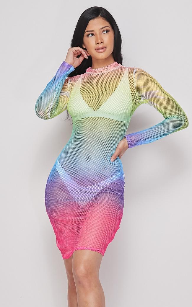 Rainbow Colorblock Fishnet Cover Up Dress – SohoGirl.com