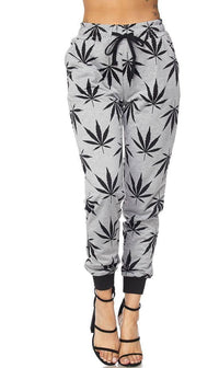 Gray Classic Weed Print Drawstring Joggers - SohoGirl.com