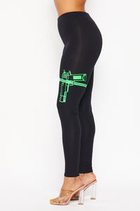 Guns Out Machine Gun Black W/ Neon Green Leggings - Plus Sizes Available - SohoGirl.com