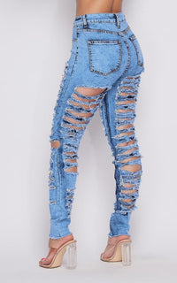 All Over Destroyed and Distressed Denim Jeans - Acid Wash Blue - SohoGirl.com