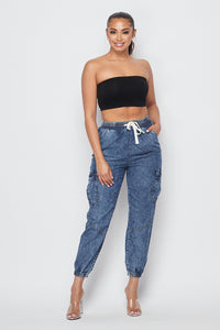 Acid Wash Cargo Denim Jogger Pants - SohoGirl.com