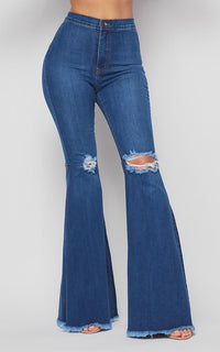Vibrant Ripped Knee Super Flare Jeans (Plus Sizes Available) - Medium Denim - SohoGirl.com