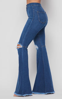 Vibrant Ripped Knee Super Flare Jeans (Plus Sizes Available) - Medium Denim - SohoGirl.com