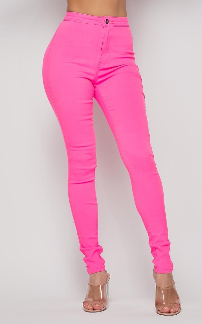 Super High Waisted Stretchy Skinny Jeans - Neon Pink