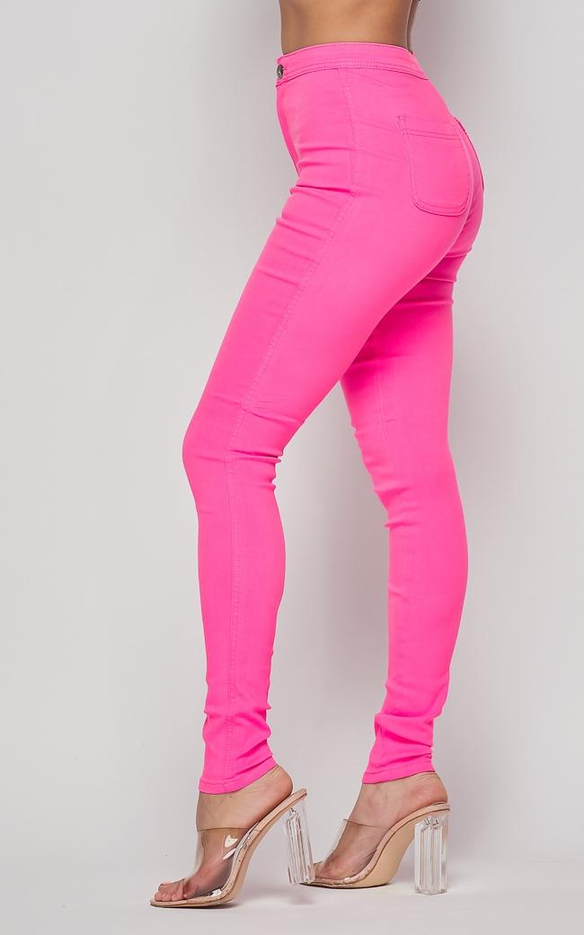 Super High Waisted Stretchy Skinny Jeans Neon Pink –