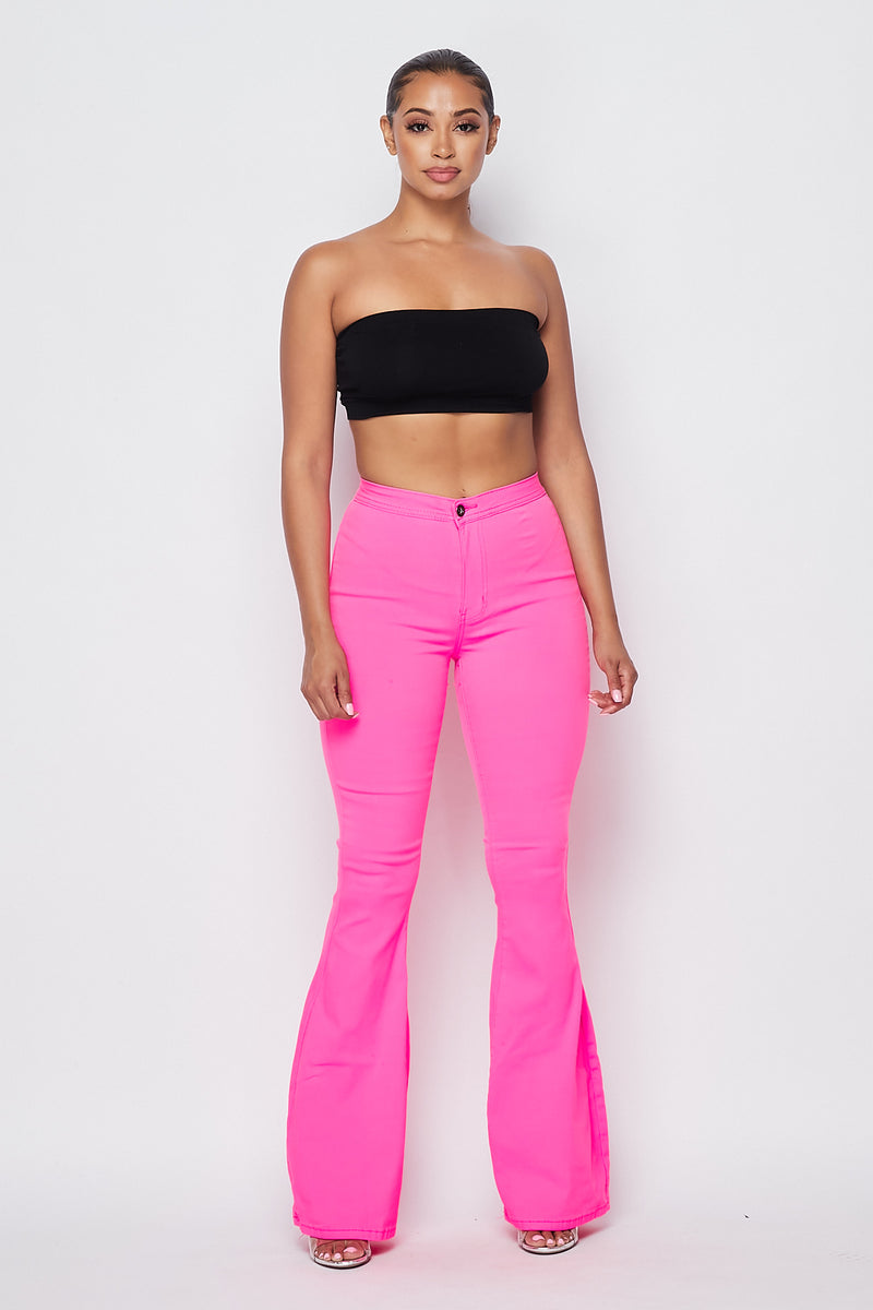 High Waisted Stretchy Bell Bottom Jeans Neon Pink –