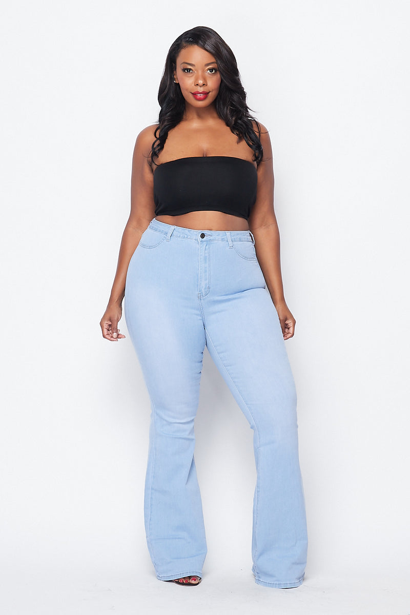 Plus Size High Waisted Stretchy Bell Bottom Jeans - Light Denim –