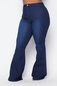 Plus Size High Waisted Stretchy Bell Bottom Jeans - Dark Denim - SohoGirl.com