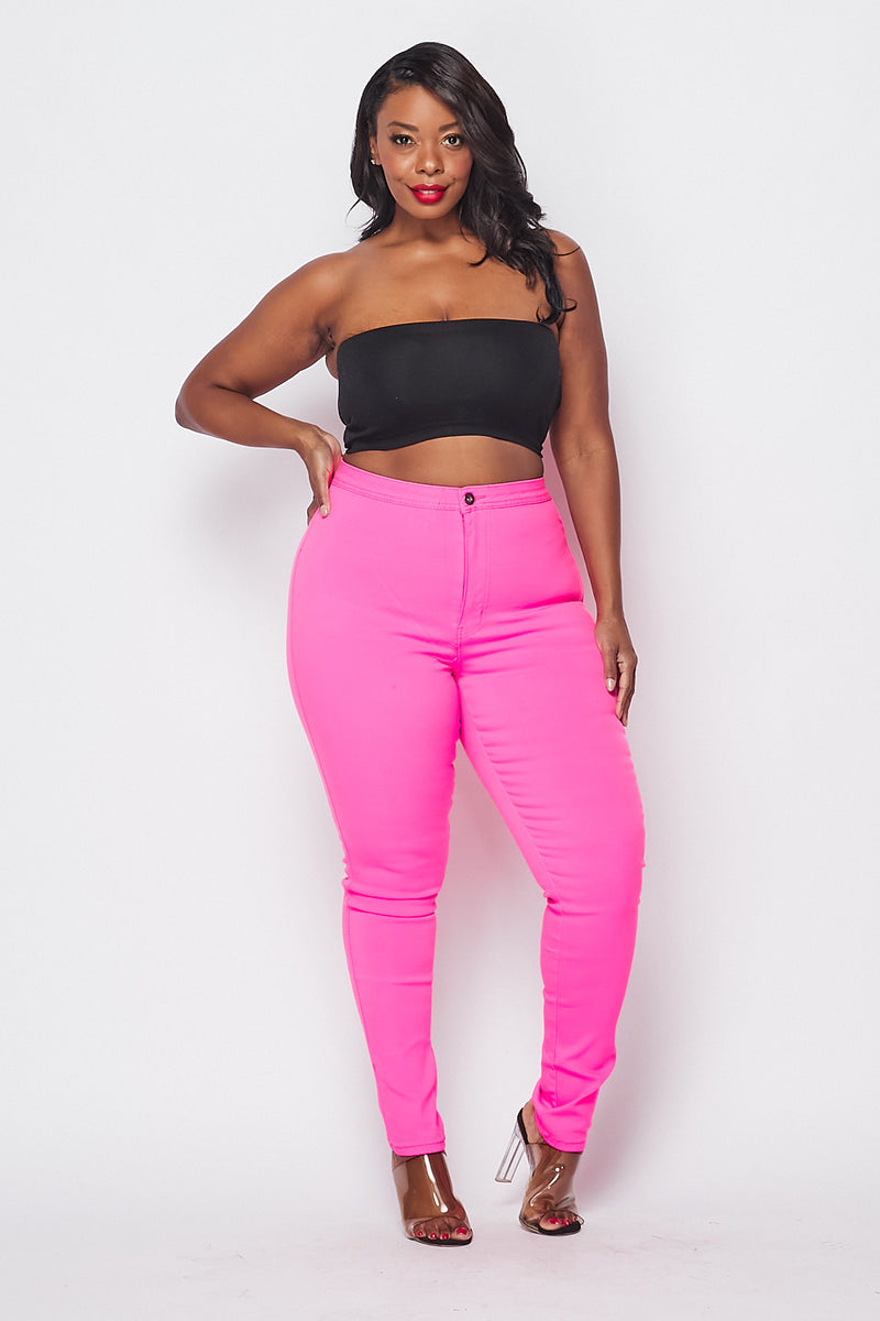 Plus Size Super High Waisted Stretchy Skinny Jeans - Neon Pink –