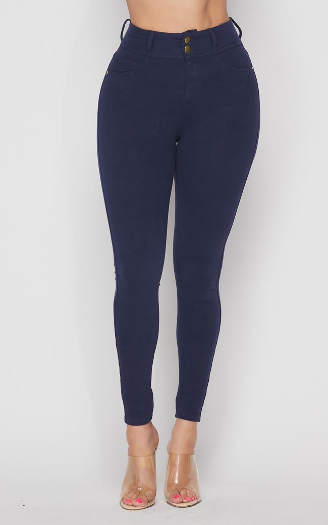 High Waisted Stretchy 2-Button Jeggings - Navy Blue